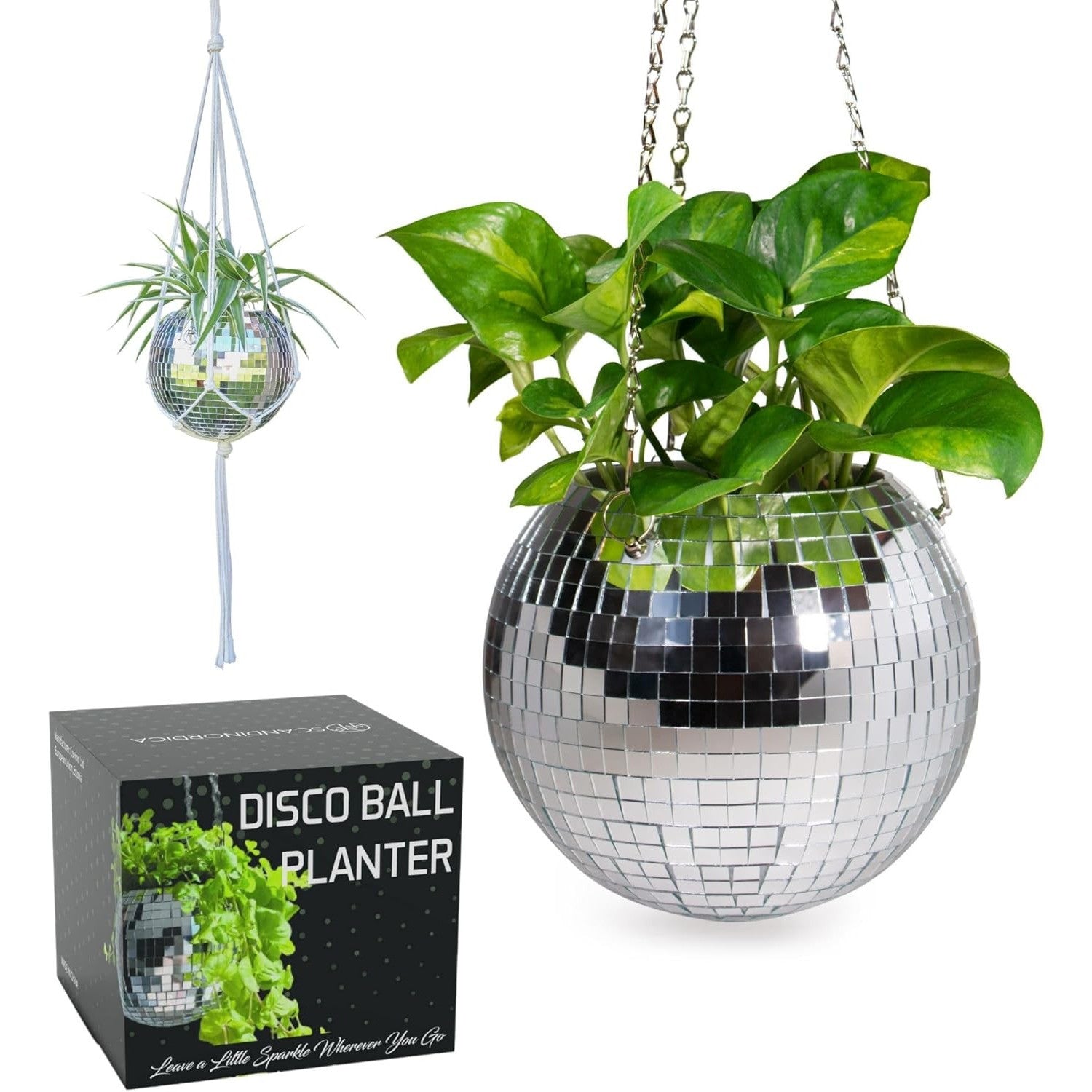 SCANDINORDICA 8‑Inch Silver Disco Ball Hanging Planter with Stand