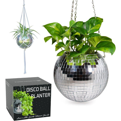 SCANDINORDICA 8‑Inch Silver Disco Ball Hanging Planter with Stand