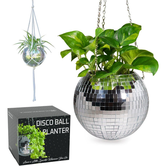 SCANDINORDICA 8‑Inch Silver Disco Ball Hanging Planter with Stand