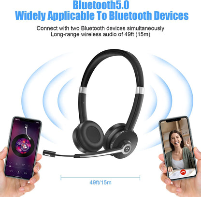 YUWAKAYI Bluetooth Headset V5.0 Noise Canceling Mic Mute 26H Battery Over-Ear Wireless Headphone for Laptop Cell Phone Tablet Call Center Office Black