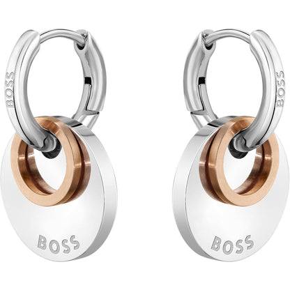 BOSS Women's Medallion Huggie Earrings in Stainless Steel