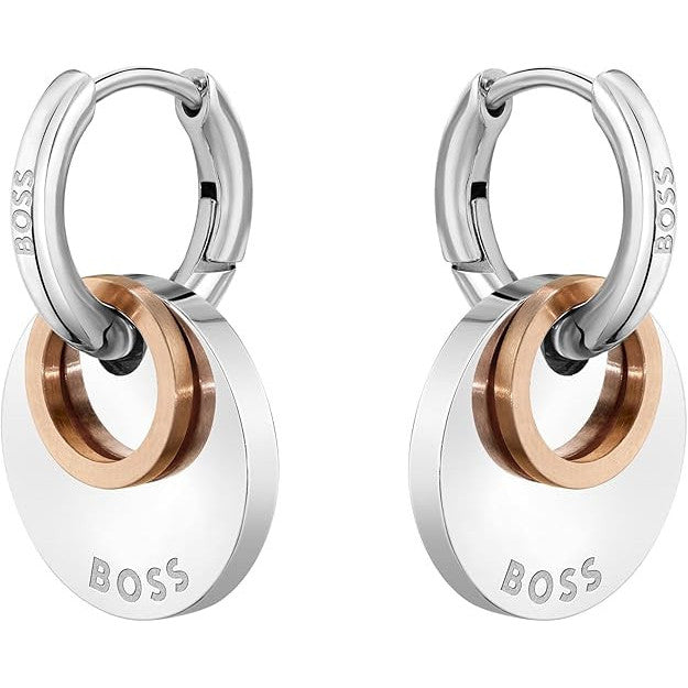 BOSS Women's Medallion Huggie Earrings in Stainless Steel