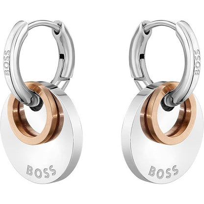 BOSS Women's Medallion Huggie Earrings in Stainless Steel