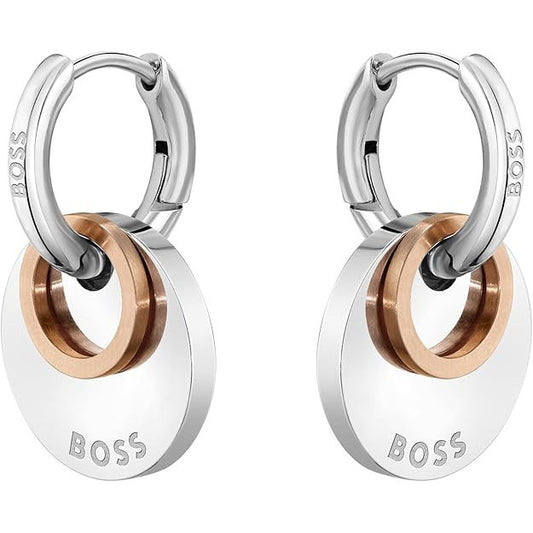 BOSS Women's Medallion Huggie Earrings in Stainless Steel