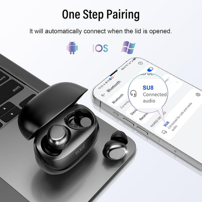DUSONLAP SU8 Bluetooth 5.4 Wireless Earbuds 47H Playtime Noise Cancelling LED Display Touch Control IPX7 Waterproof USB-C Black