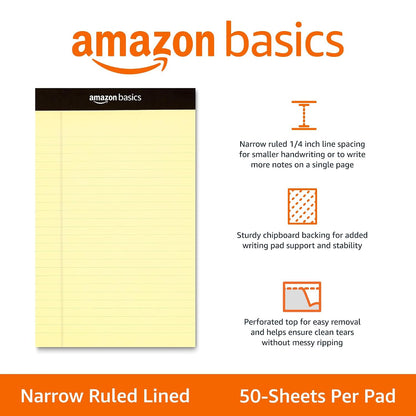 Amazon Basics Narrow Ruled Writing Pad 5x8 Inches 50 Sheets 12-Pack Canary
