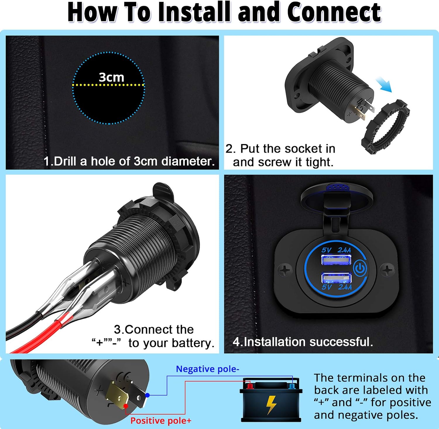 Qidoe Dual USB Socket 12V Marine Outlet with Switch Golf Cart USB Port 12 Volt DC Car Charger Mount Waterproof Cigarette Lighter Power Adapter DIY Kit Fast Charge with Blue LED for Boat Motorcycle ATV RV