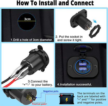 Qidoe Dual USB Socket 12V Marine Outlet with Switch Golf Cart USB Port 12 Volt DC Car Charger Mount Waterproof Cigarette Lighter Power Adapter DIY Kit Fast Charge with Blue LED for Boat Motorcycle ATV RV
