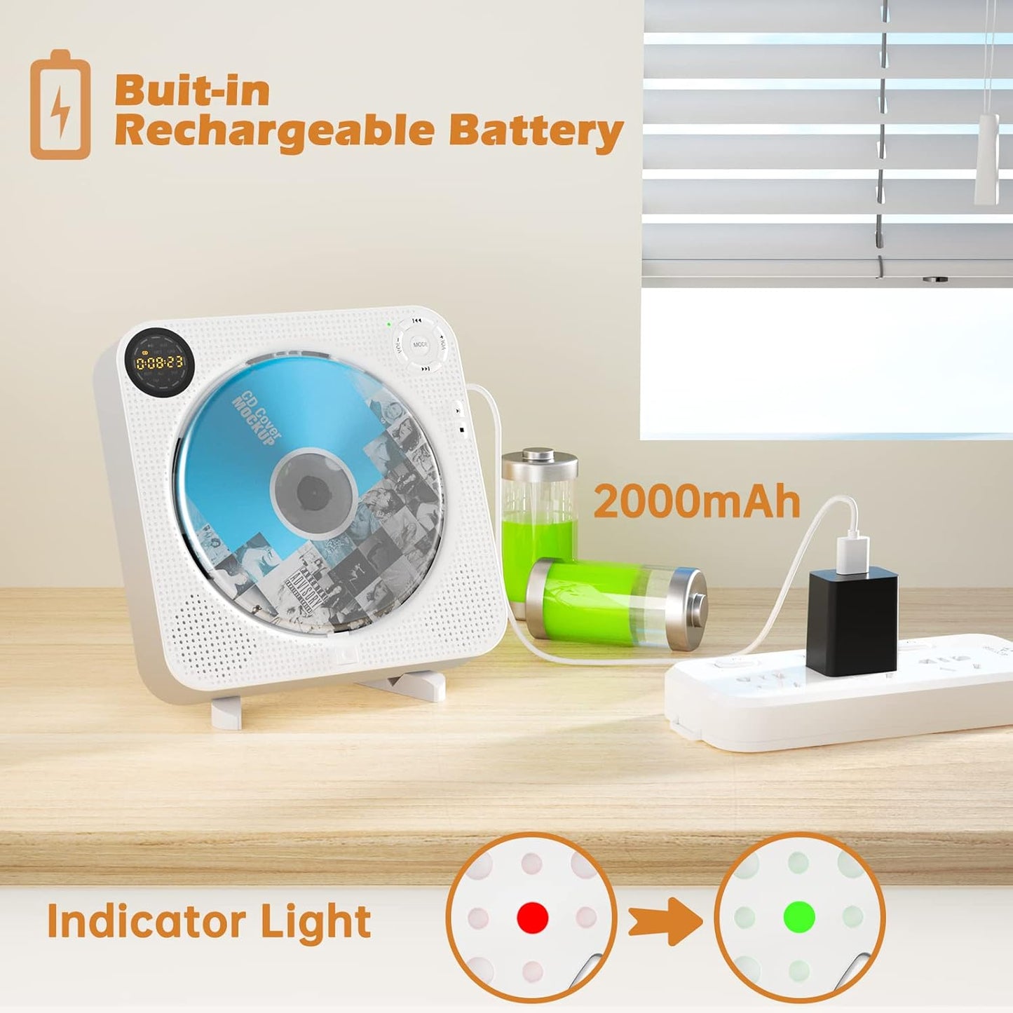 FELEMAN MPD001W Portable Wall-Mounted CD Player with Bluetooth, USB, Aux