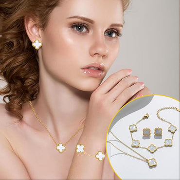 Lucky Four-Leaf Clover Bracelet Set: Elegant Gold-Plated Jewelry Gift for Her