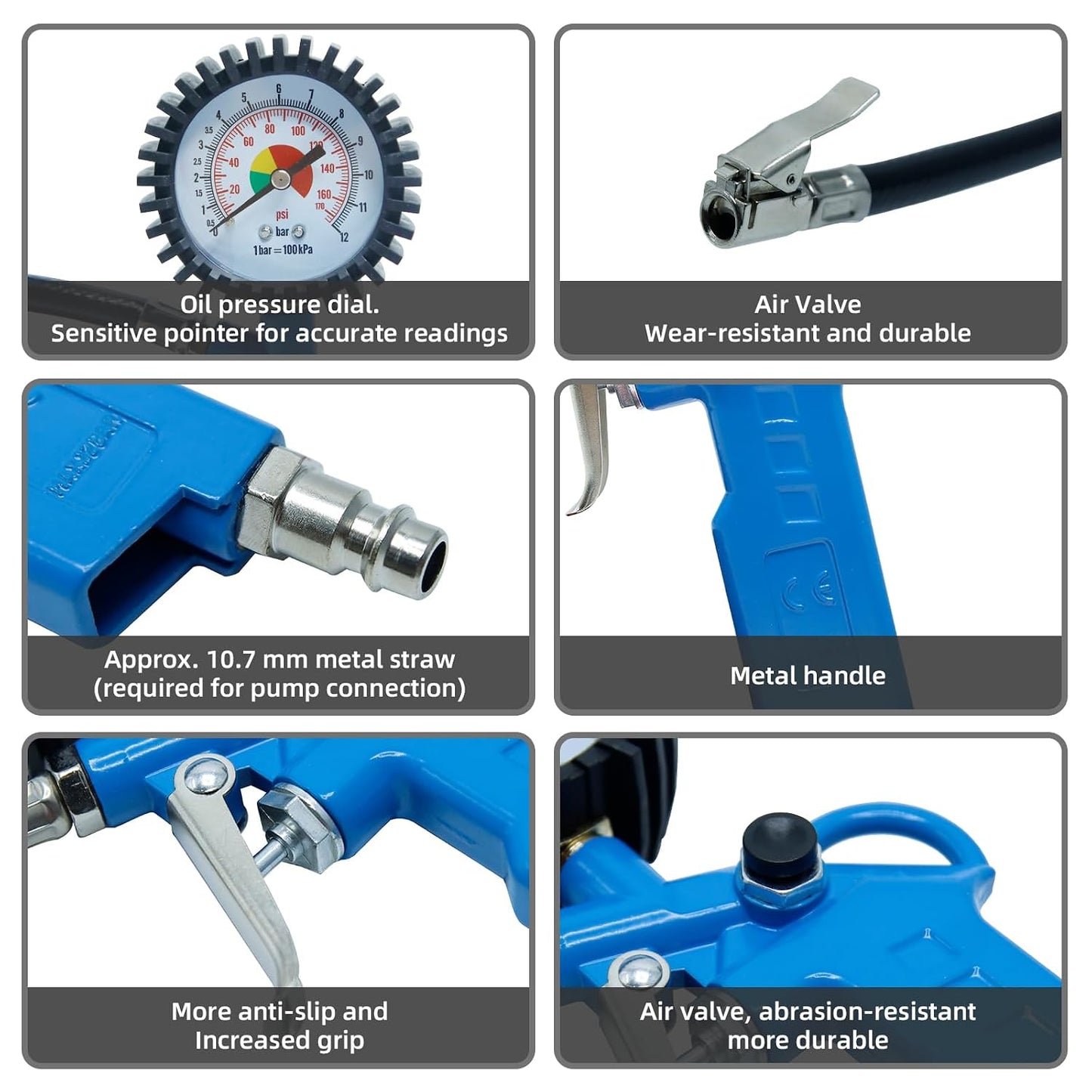 CCLIFE 3-in-1 Tyre Pressure Gauge 2196-2C 12 Bar 300mm Hose for Car Motorcycle