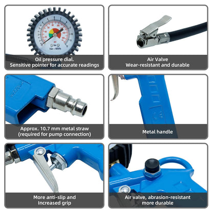 CCLIFE 3-in-1 Tyre Pressure Gauge 2196-2C 12 Bar 300mm Hose for Car Motorcycle