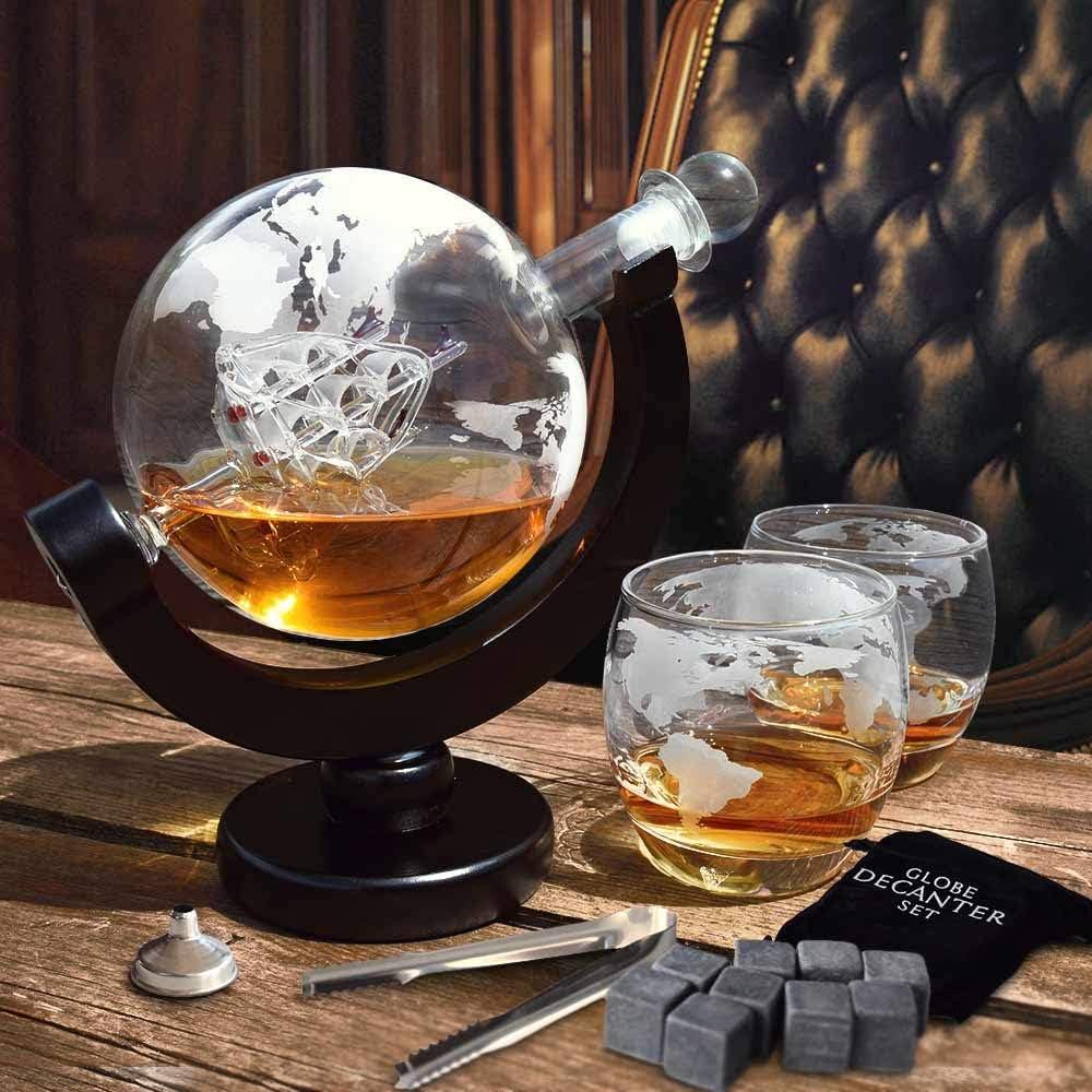 Mikamax Globe Decanter with Two Glasses, 850ml Airtight Carafe - Gomix Brands Outlet