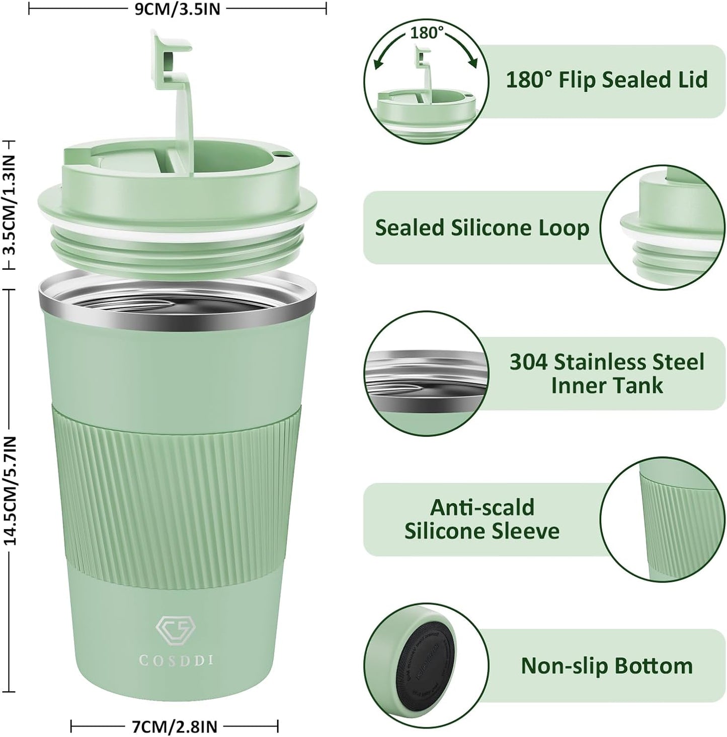 CS COSDDI 380ml Olive Green Insulated Travel Mug – Leakproof Stainless Steel Cup