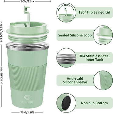 CS COSDDI 380ml Olive Green Insulated Travel Mug – Leakproof Stainless Steel Cup