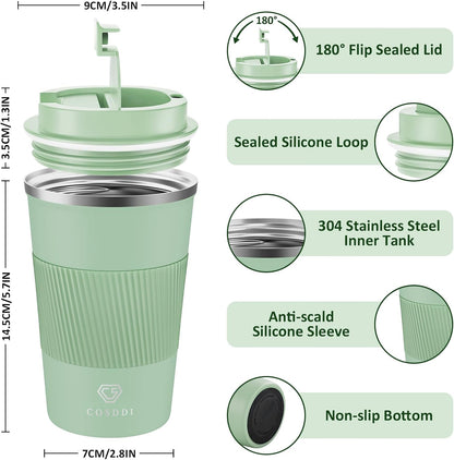 CS COSDDI 380ml Olive Green Insulated Travel Mug – Leakproof Stainless Steel Cup