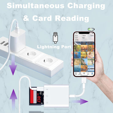 LAX Lightning SD Card Reader MFi Certified Dual Slot Memory Card Adapter Supports SD TF Card with Charging Port for iPhone 14 13 12 11 X 8 7