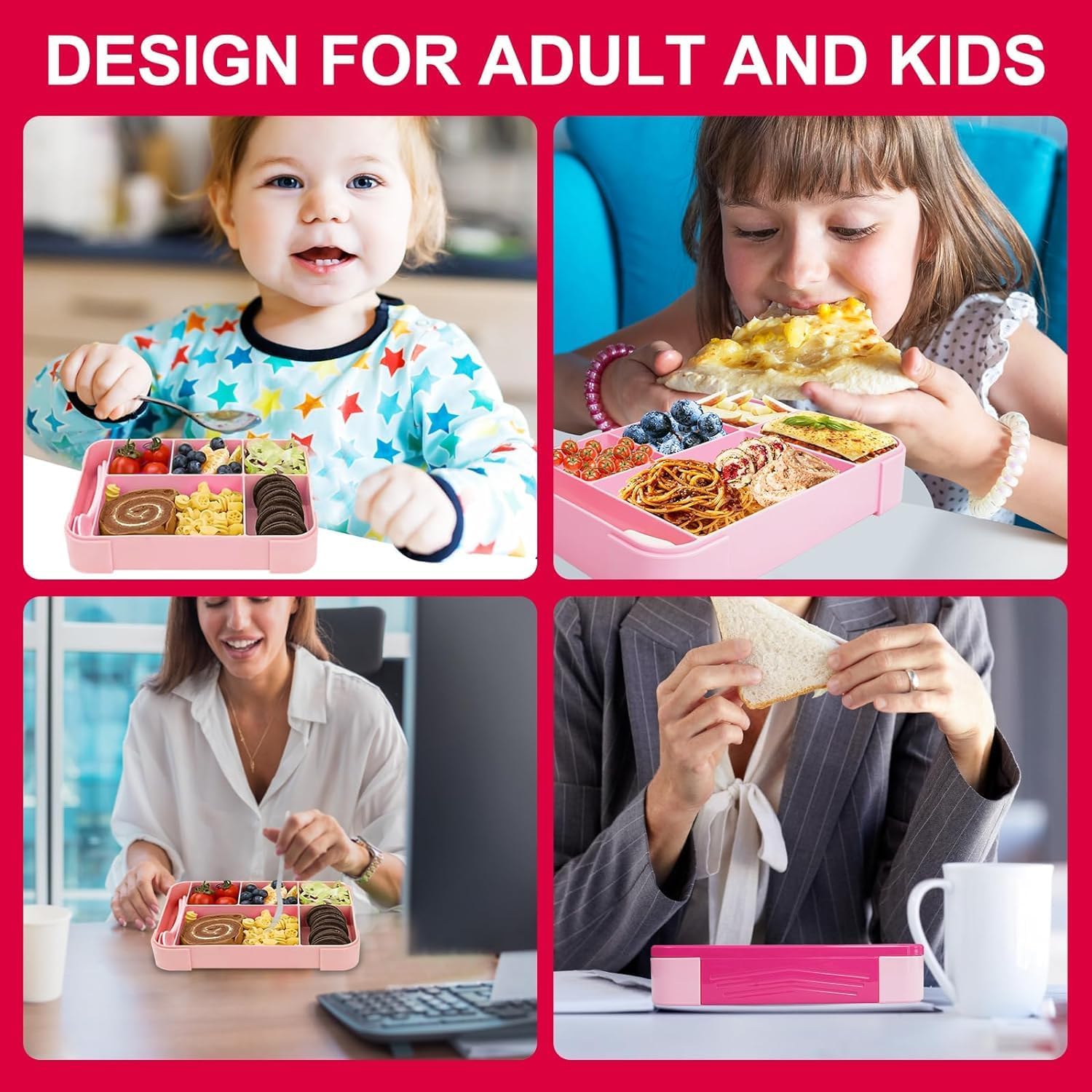 Laspi Pink 1300ml Bento Lunch Box with Cutlery, 3 Compartments