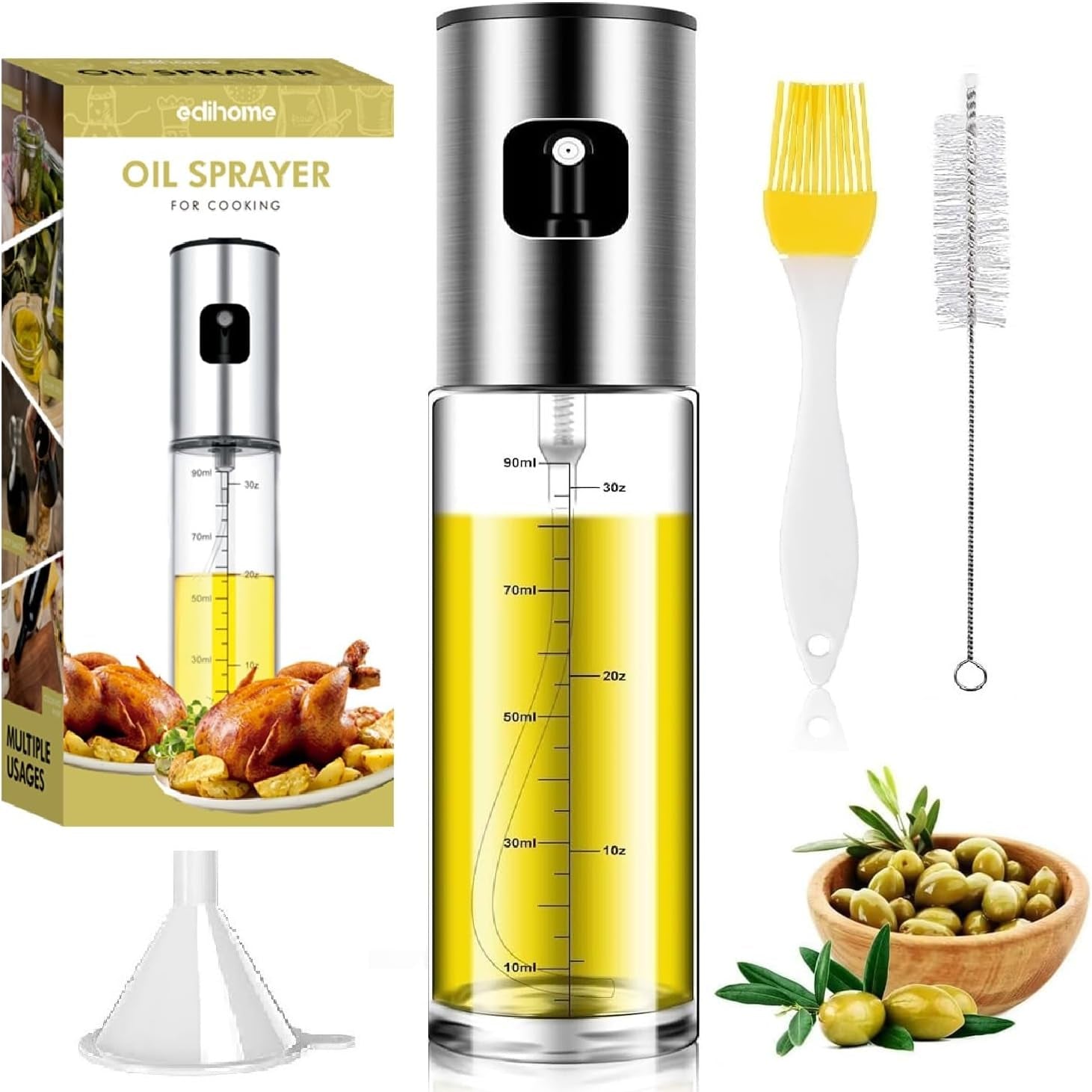 Edihome 100ml Non-Drip Kitchen Oil Sprayer with Stainless Steel Bottle