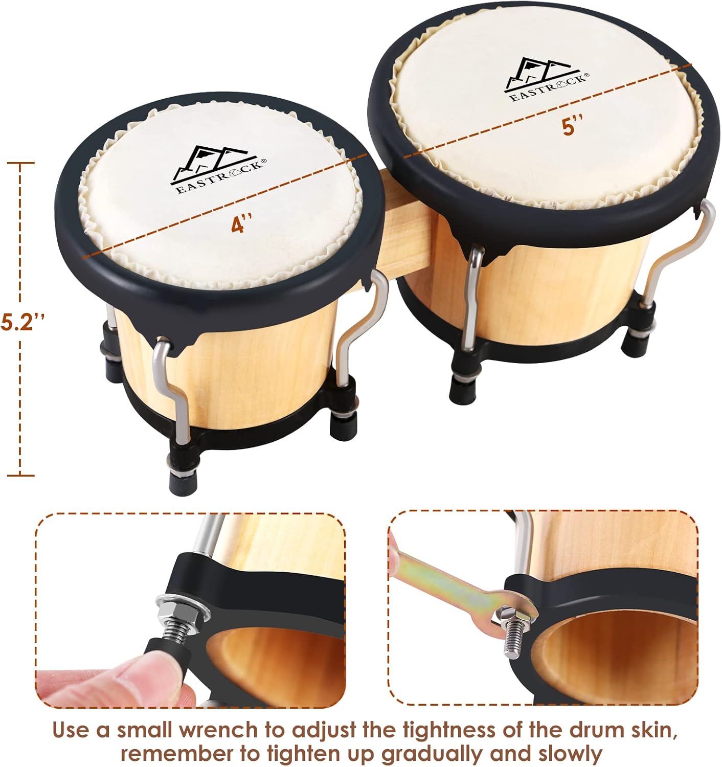 EastRock 4‑inch & 5‑inch Tunable Metal‑Wood Bongo Drum Set