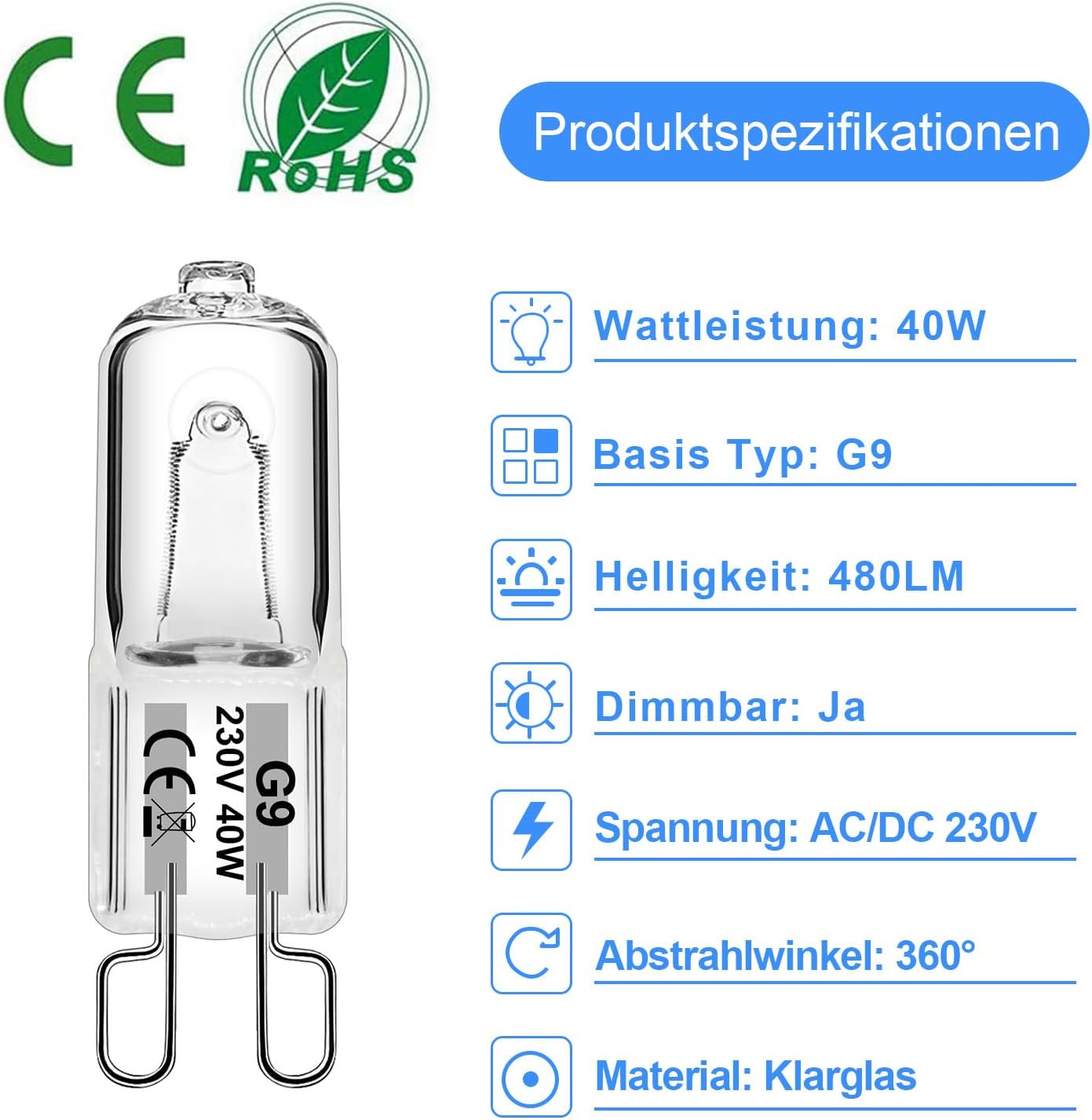 WeshLMPO G9 Halogen Bulbs 40W Dimmable 2700K Warm White 480lm 12-Pack