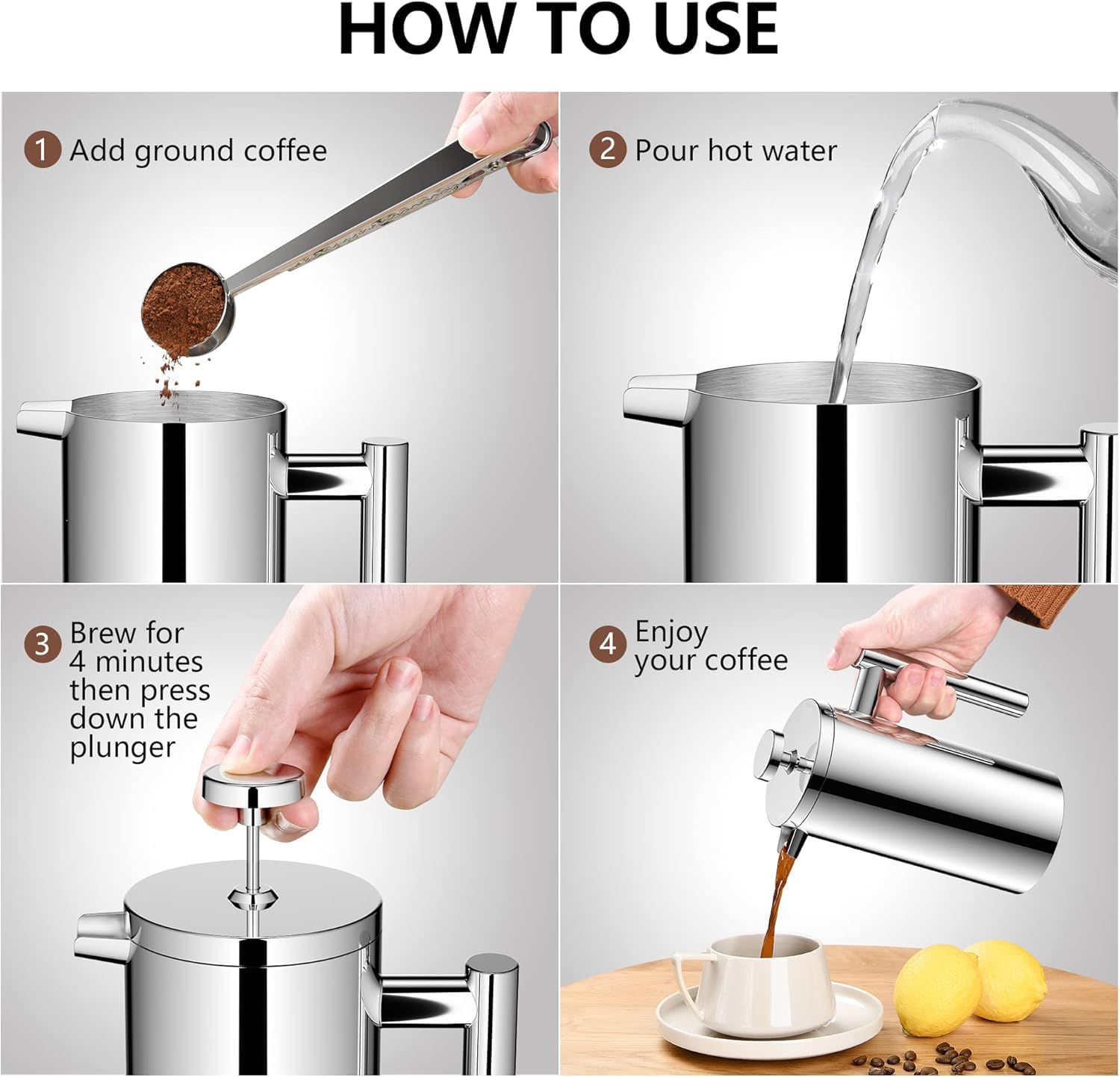 Meelio 600ml Double-Wall Insulated Stainless Steel French Press Coffee Maker