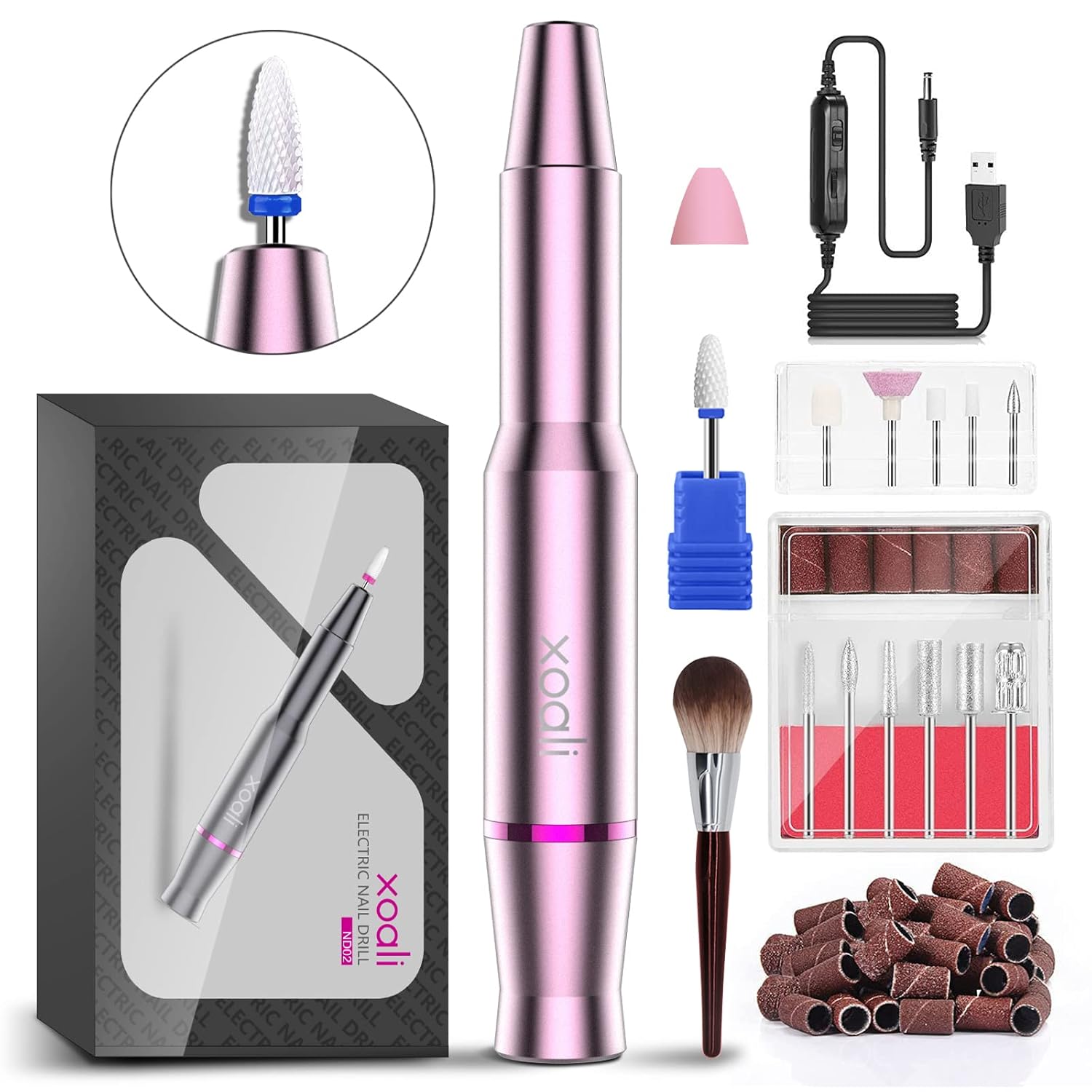 Xoali Professional Electric Nail Drill Kit: 25000RPM, 12-in-1 Ceramic Bits Manicure Pedicure