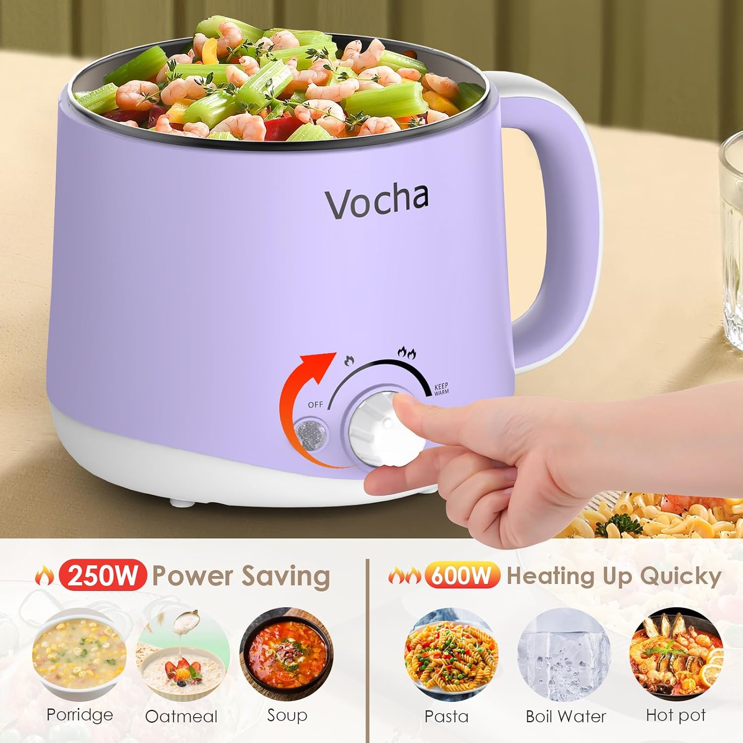 Vocha Electric Hot Pot 1.6L 600W Keep Warm Function Portable Travel Cooker Purple V016
