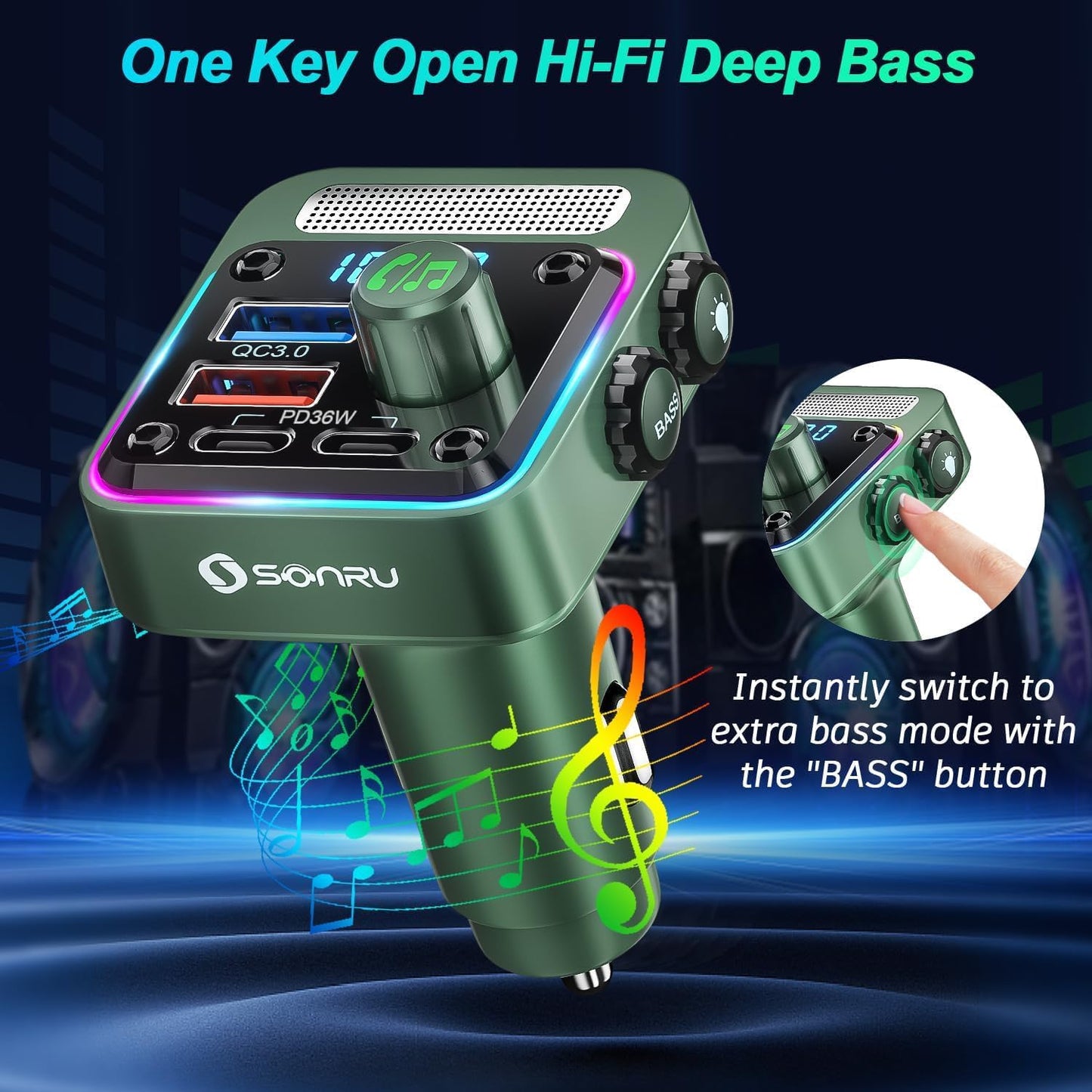 SONRU 54W Bluetooth 5.3 FM Transmitter Car Charger LED Lights