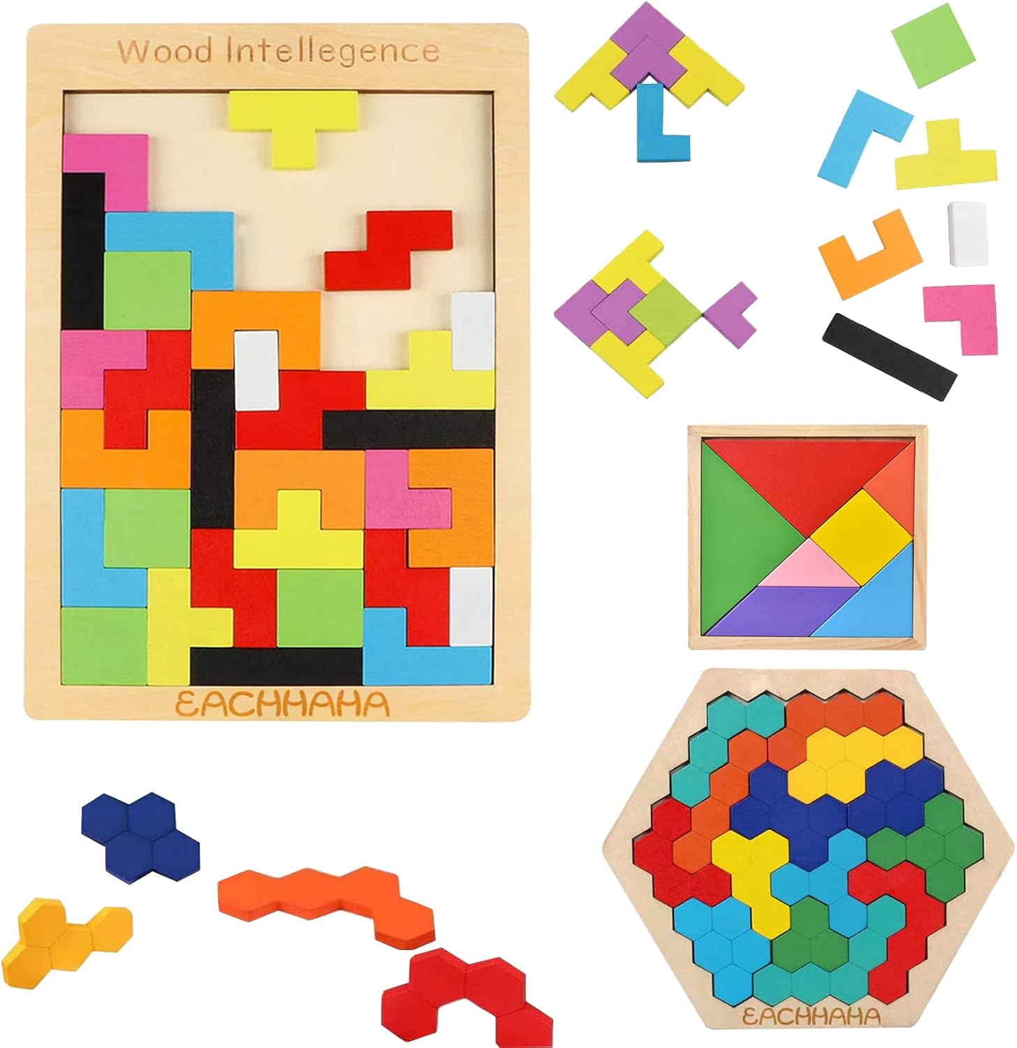 3-in-1 Wooden Tangram Puzzle Set, Bright Colors, 61 Pieces