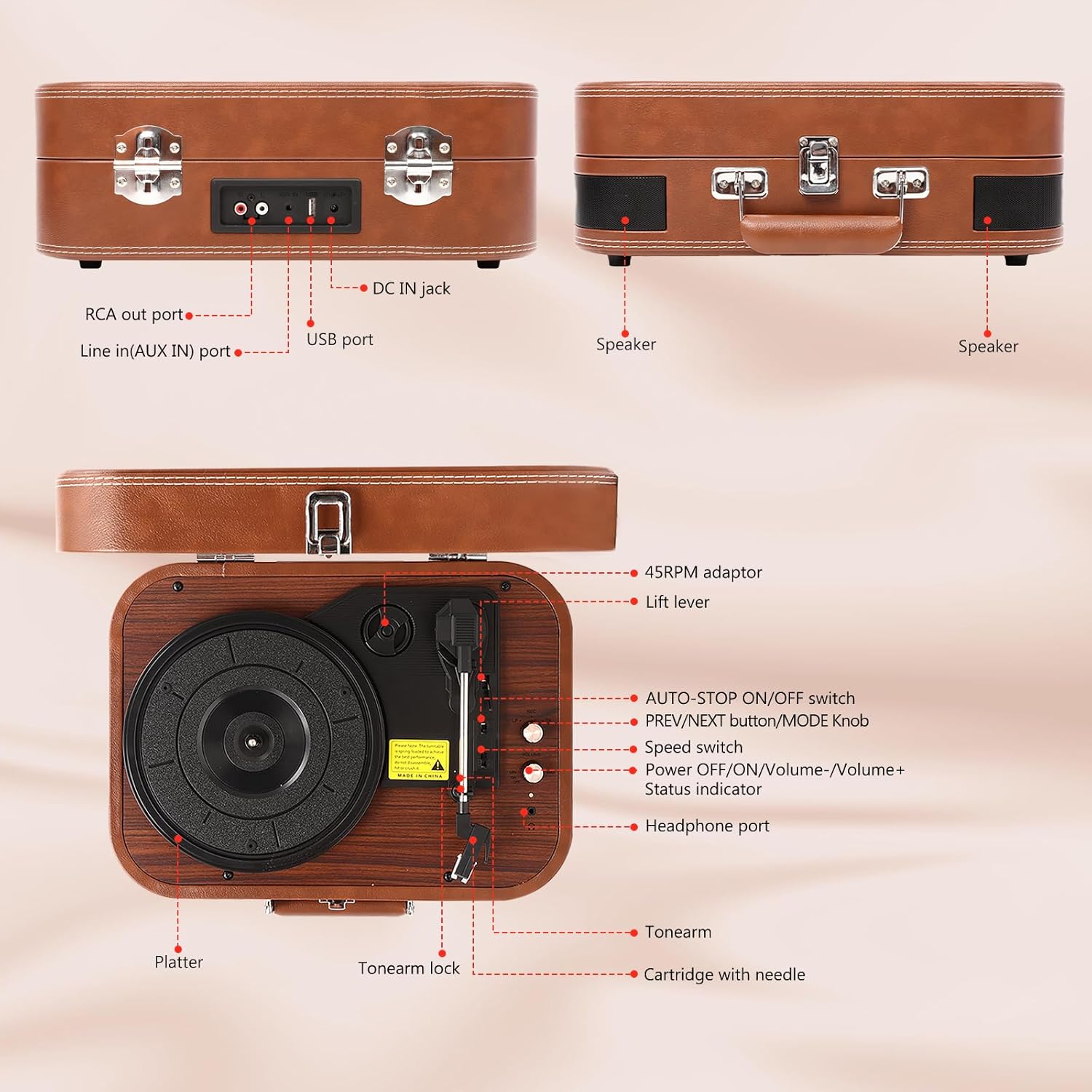 VOKSUN Brown Bluetooth Vinyl Turntable with Built‑in Stereo Speakers