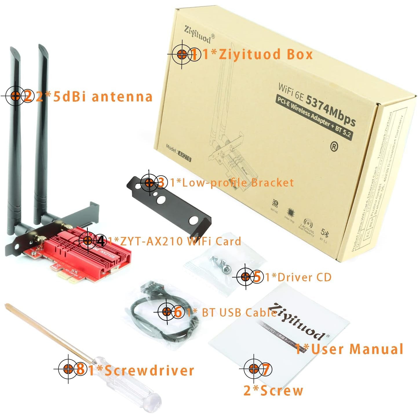 Ziyituod WiFi 6E AX210 PCIe Card with Bluetooth 5.2 Tri‑Band 5400Mbps