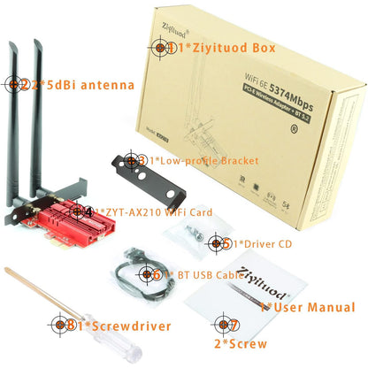 Ziyituod WiFi 6E AX210 PCIe Card with Bluetooth 5.2 Tri‑Band 5400Mbps