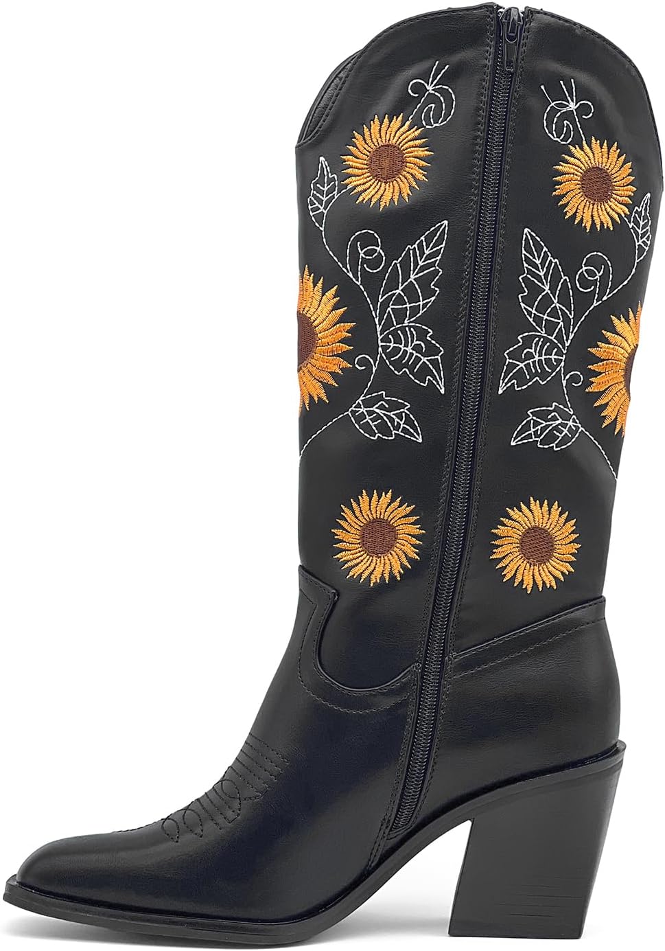Women's Mid-Calf Western Cowboy Boots with Sunflower Embroidery Pointed Toe Chunky Heel
