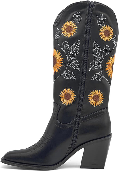 Women's Mid-Calf Western Cowboy Boots with Sunflower Embroidery Pointed Toe Chunky Heel