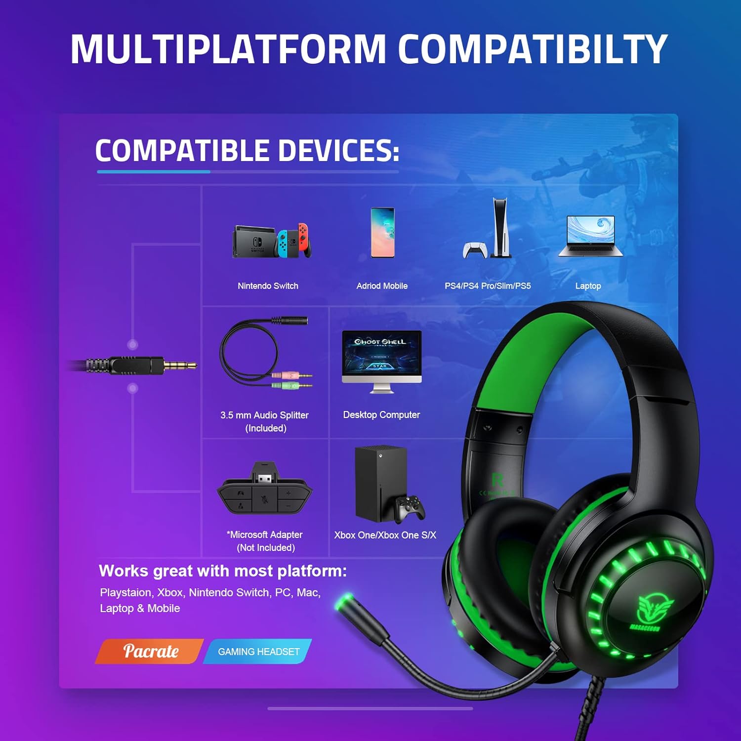 Pacrate H-11 Multi-Platform Gaming Headset with Noise Cancelling Mic