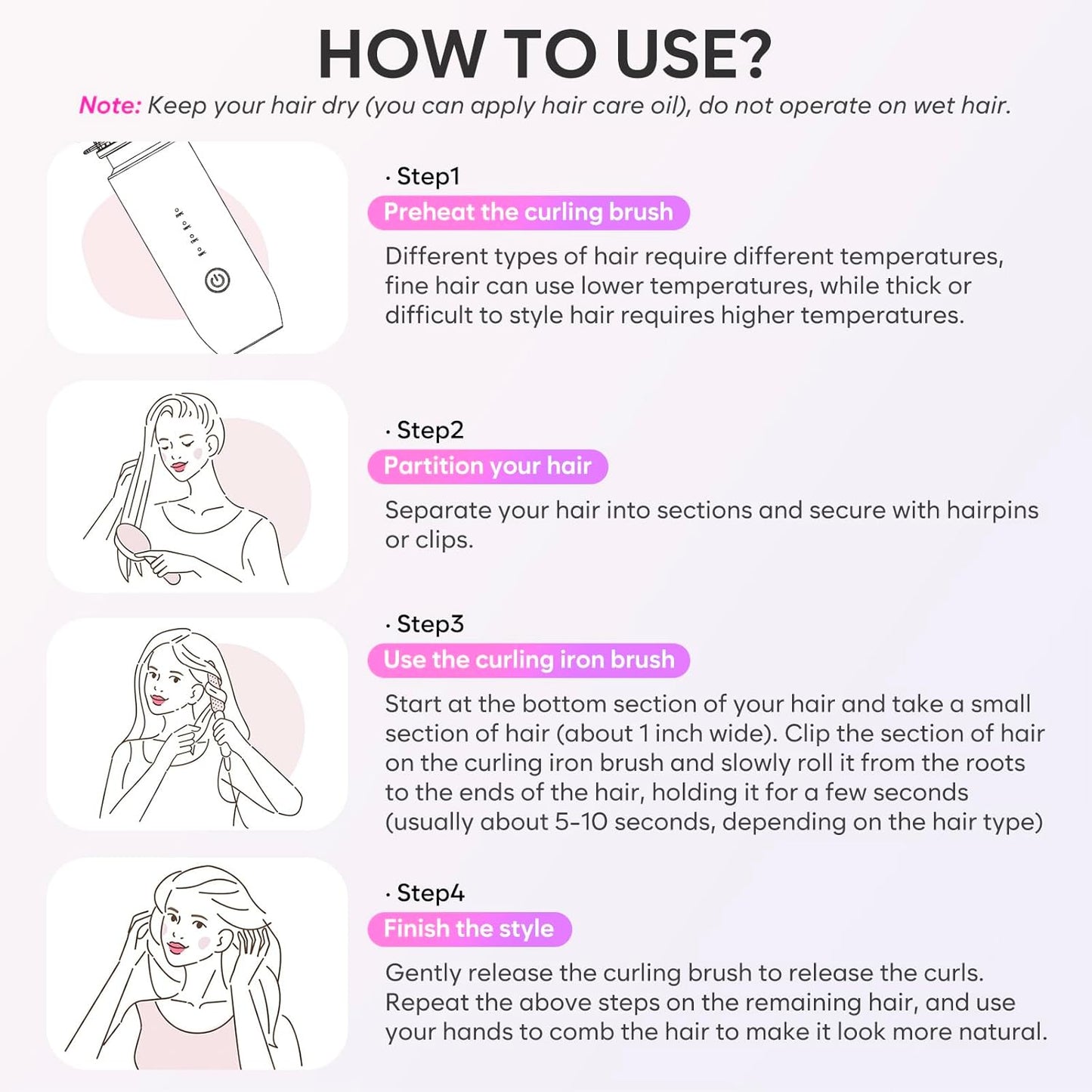 iTayga Cordless Portable Curling Iron Brush with 7000mAh Battery, Pink