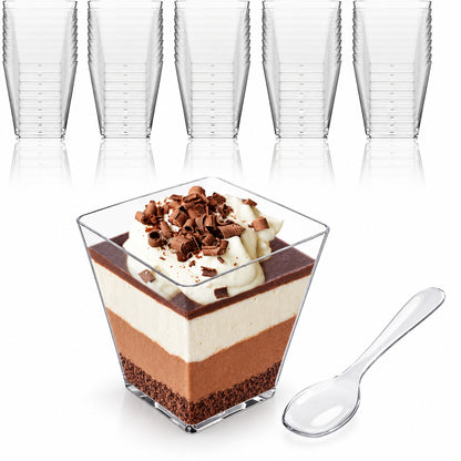 BASVII Square Plastic Dessert Glasses with Spoons, 50Pcs