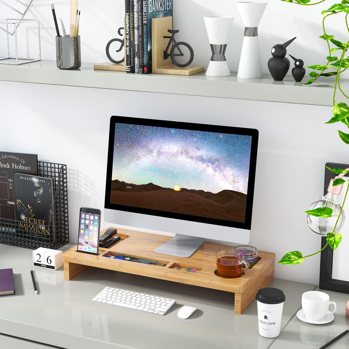 RUIYAN Bamboo Monitor Stand 60 x 30 x 8.5 cm with 7 Storage Compartments Ergonomic Desktop Riser