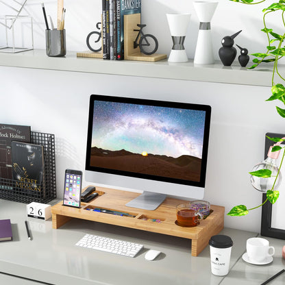 RUIYAN Bamboo Monitor Stand 60 x 30 x 8.5 cm with 7 Storage Compartments Ergonomic Desktop Riser