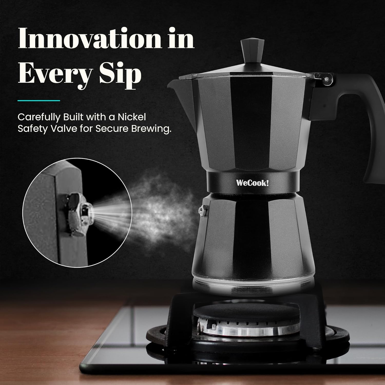 WECOOK! 6‑Cup Induction‑Ready Black Aluminum Moka Coffee Maker