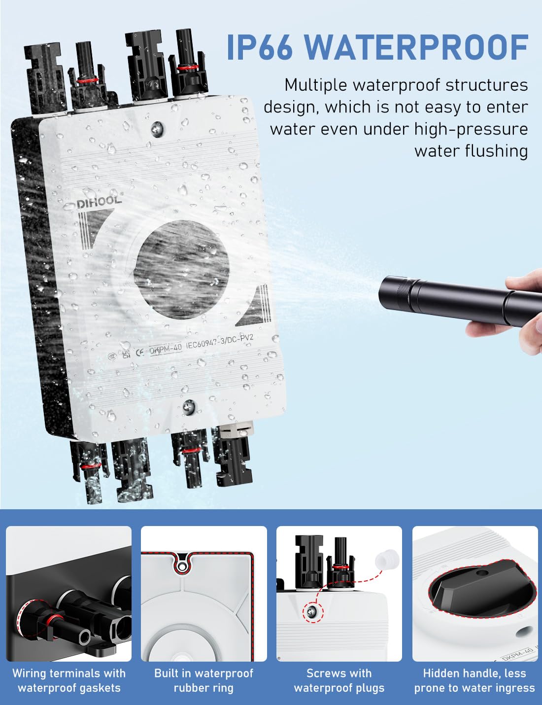 DIHOOL Solar Disconnect Switch IP66 Waterproof 30 Amp 2 Strings 2 in 2 Out 600V