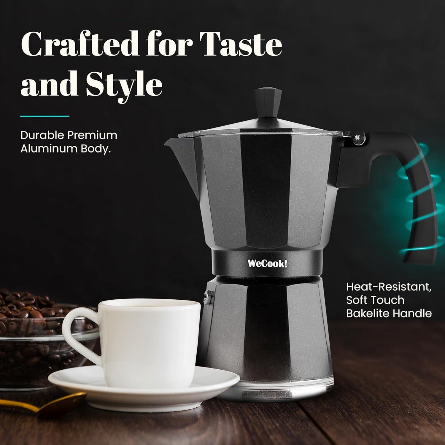 WECOOK! 6‑Cup Induction‑Ready Black Aluminum Moka Coffee Maker