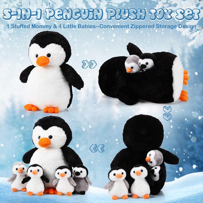 5‑Piece Penguin Plush Set – 14‑Inch Mommy with 4 Baby Penguins