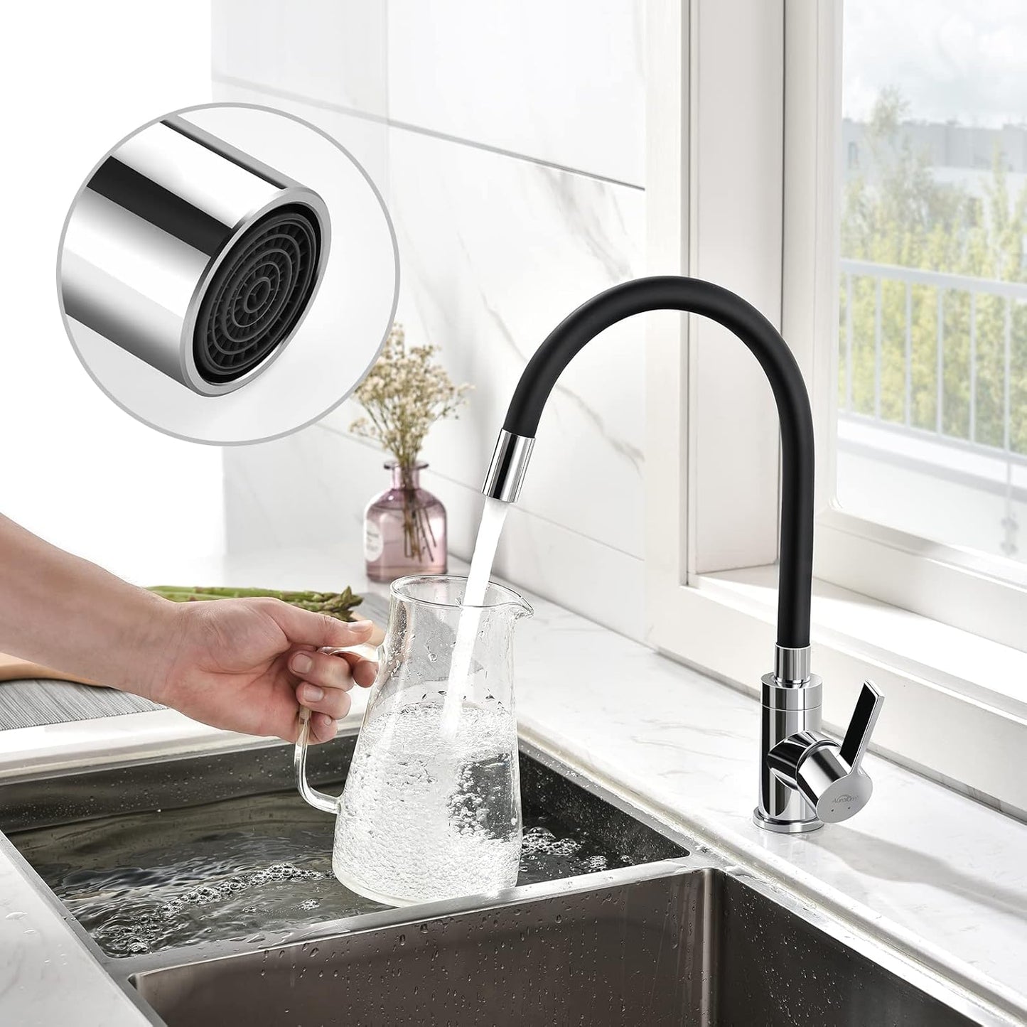 Auralum Black Flexible 360° Rotatable Kitchen Faucet with Aerator