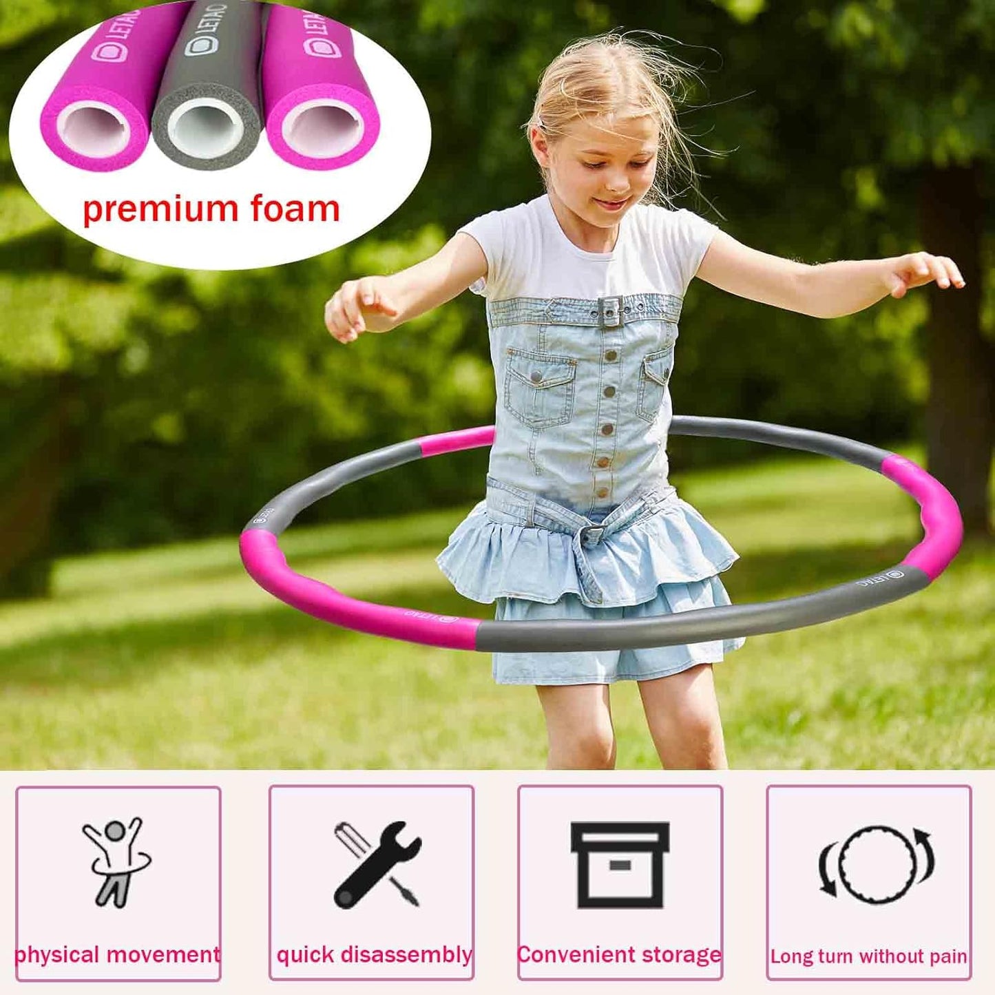Child playing with a pink and gray hula hoop outdoors, with inset images of premium foam and product features.