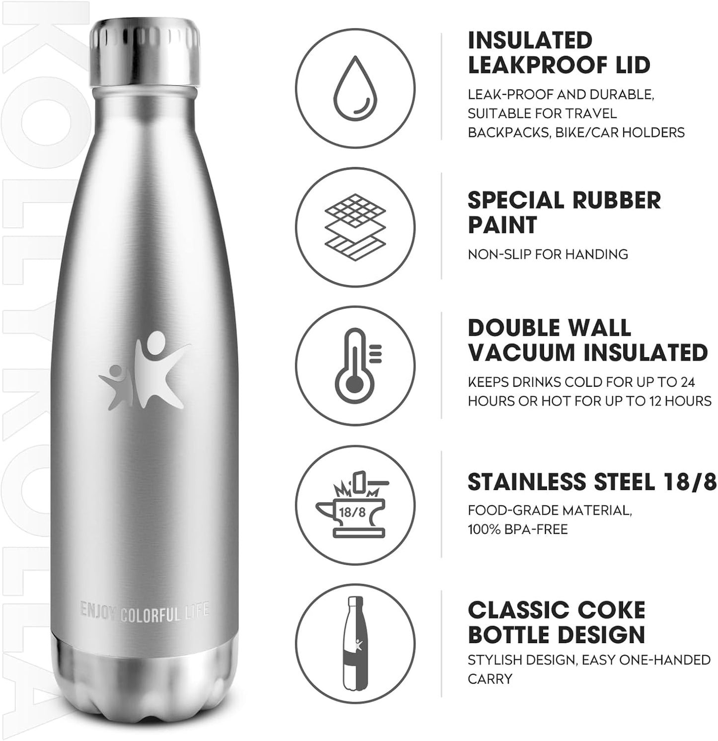 KollyKolla 500ml Stainless Steel Thermal Bottle – Double Wall Insulated