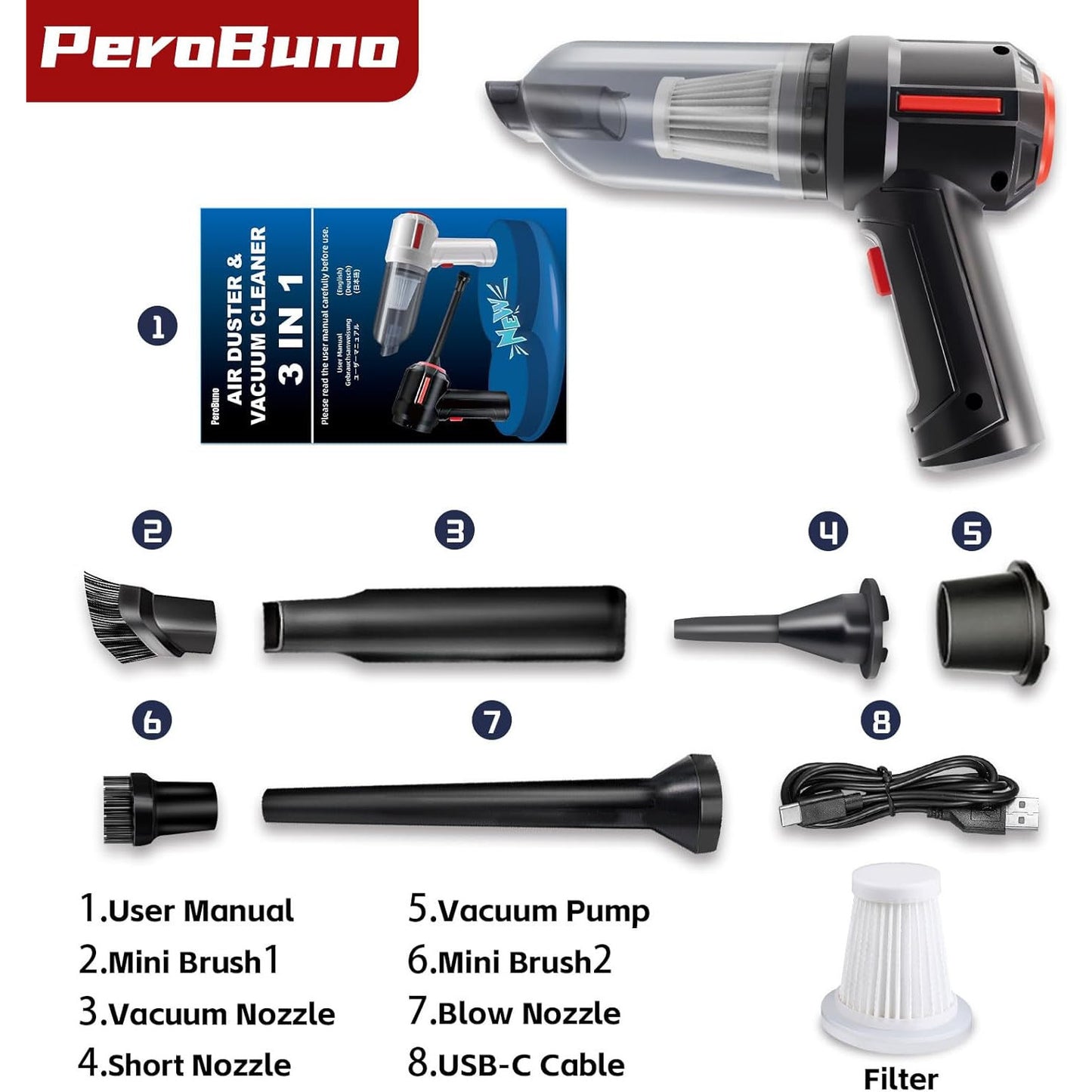 PeroBuno 3‑in‑1 Cordless Computer Vacuum & Air Duster
