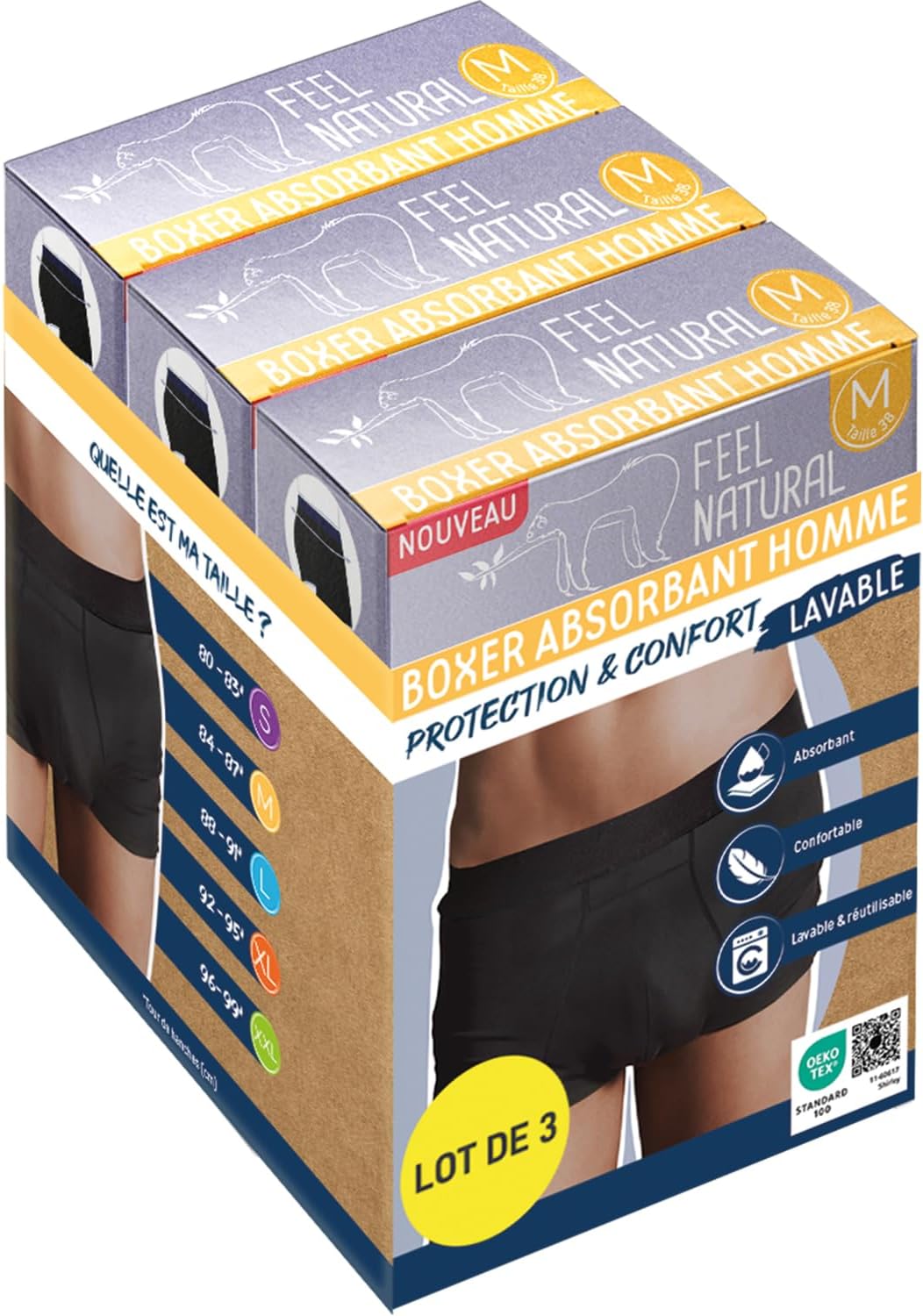 Feel Natural Men's Washable Anti-Leakage Boxers Pack of 3 - Medium