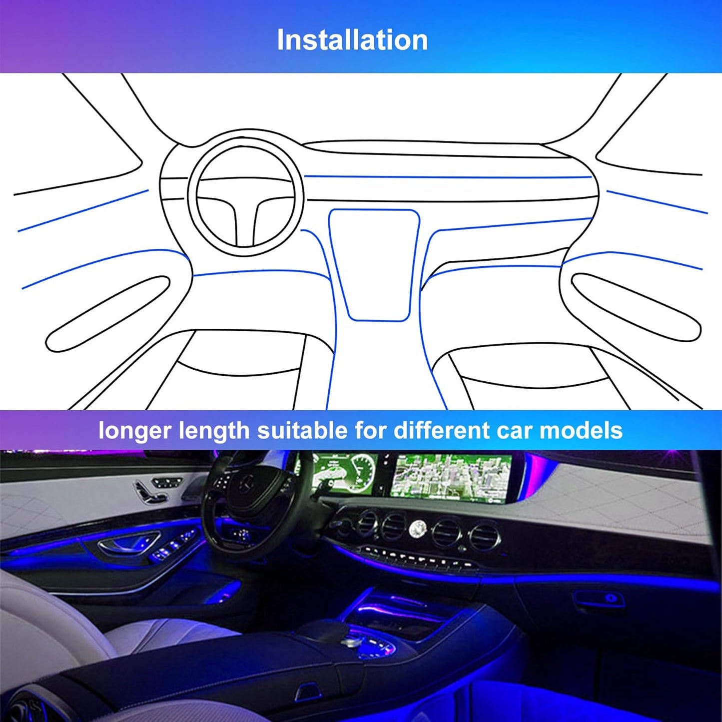Wilktop RGB Car Interior LED Strip with App 12V